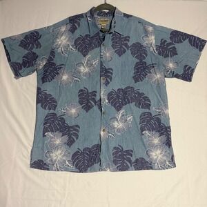 Cooke Street Honolulu Mens 2XL Blue Tropical‎ Hibiscus Monstera Hawaiian Shirt
